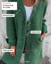Lucille details: Notched lapels, Button front, Patch pockets.