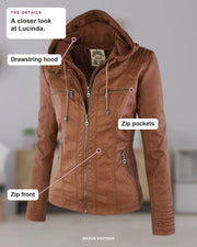 Lucinda details: Drawstring hood, Zip pockets, Zip front.