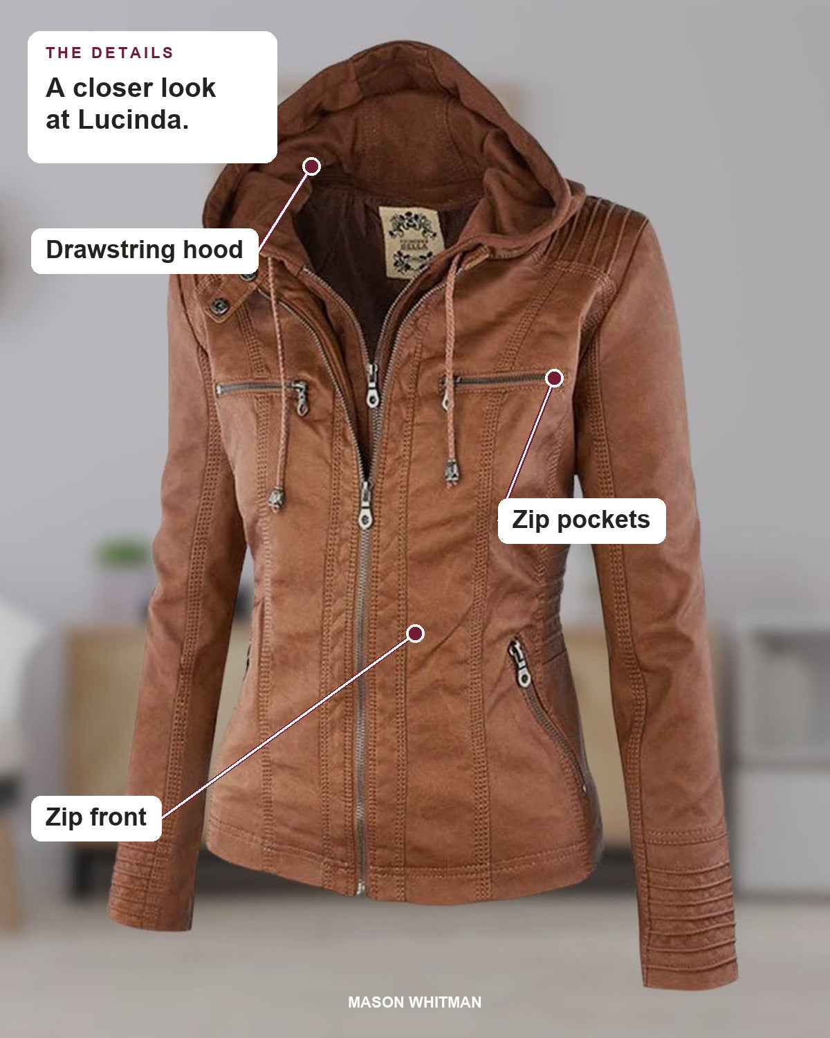 Lucinda details: Drawstring hood, Zip pockets, Zip front.