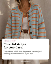 Mabel editorial styling card: Contrast trim, Button front, Striped knit.
