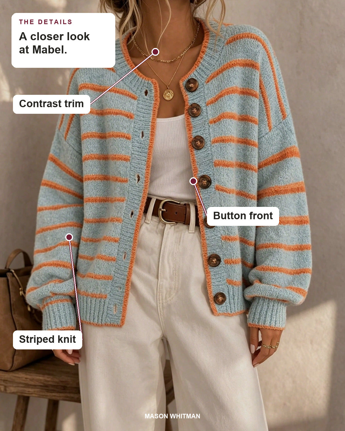 Mabel details: Contrast trim, Button front, Striped knit.