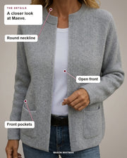 Maeve details: Round neckline, Open front, Front pockets.