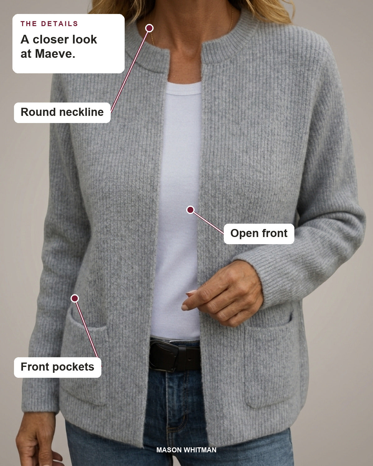 Maeve details: Round neckline, Open front, Front pockets.