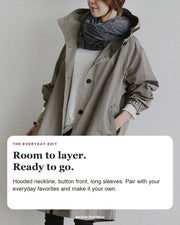 Maisie editorial styling card: Hooded neckline, Button front, Long sleeves.