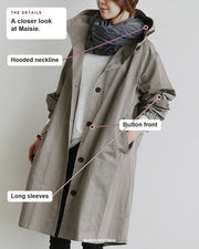 Maisie details: Hooded neckline, Button front, Long sleeves.