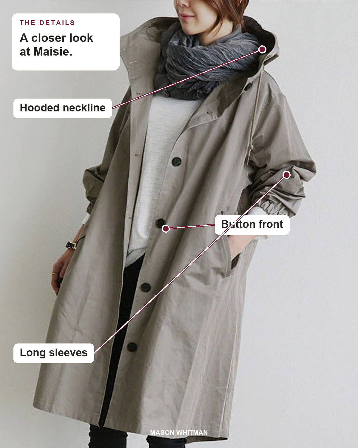 Maisie details: Hooded neckline, Button front, Long sleeves.
