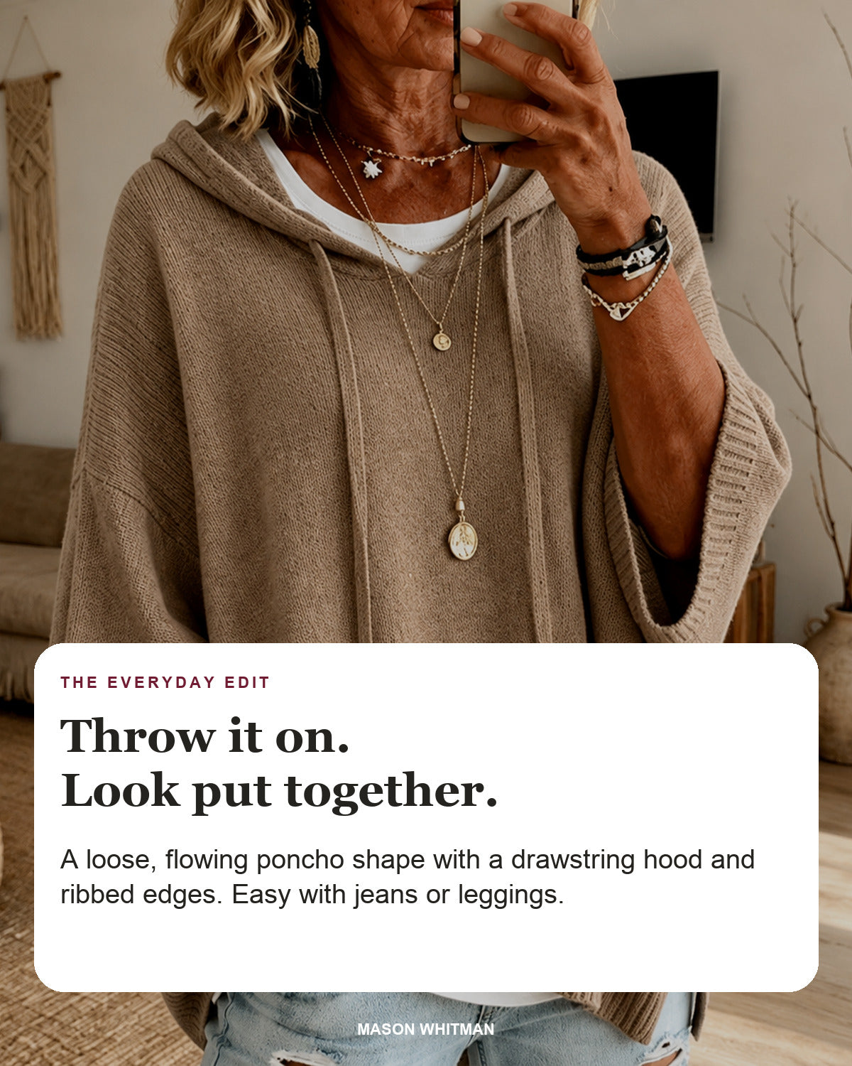Manon sweater editorial card: drawstring hood, wide ribbed sleeves, ribbed hem.