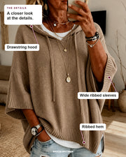 Manon sweater details: drawstring hood, wide ribbed sleeves, ribbed hem.