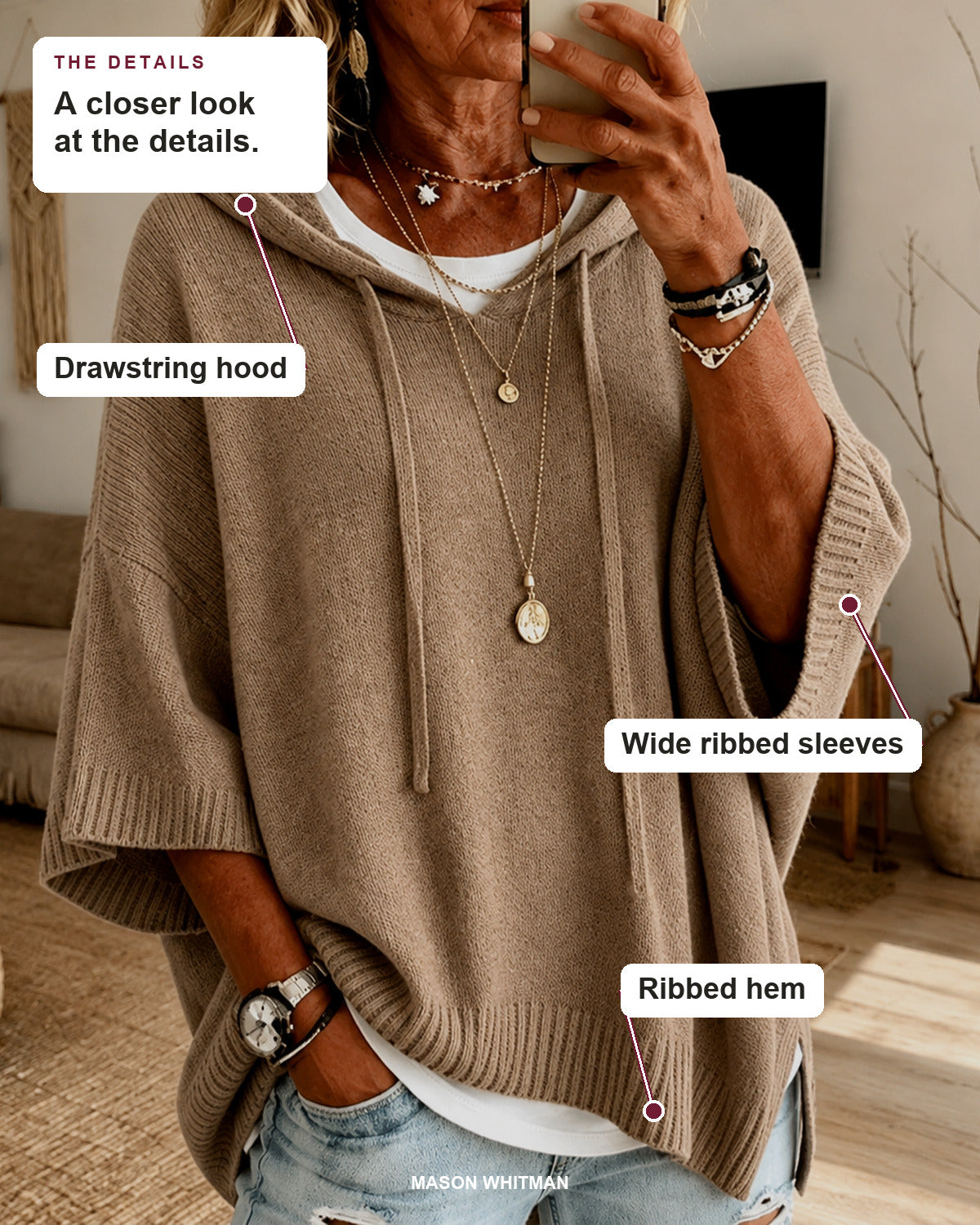 Manon sweater details: drawstring hood, wide ribbed sleeves, ribbed hem.