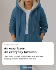Marceline editorial styling card: Lined hood, Zip front, Front pockets.