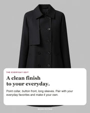 Margery editorial styling card: Point collar, Button front, Long sleeves.