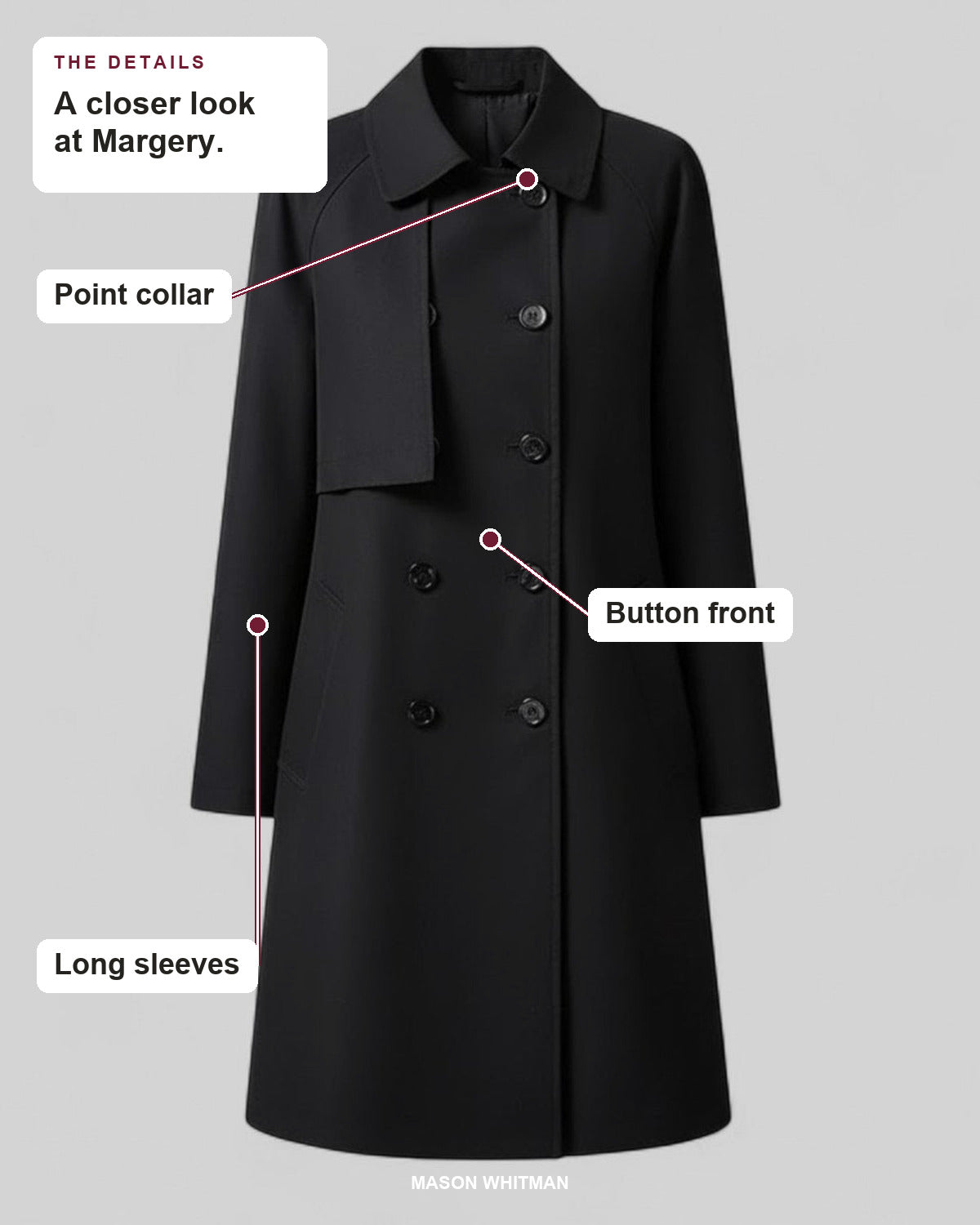Margery details: Point collar, Button front, Long sleeves.