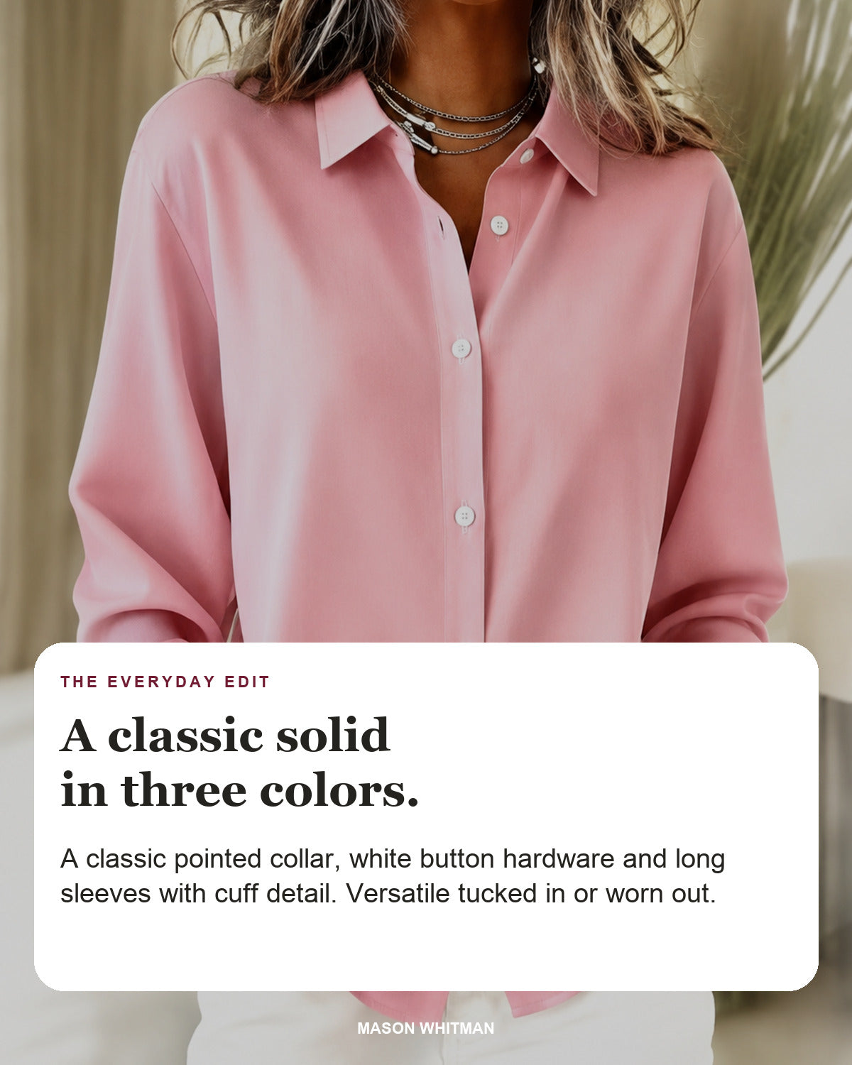 Marguerite blouse editorial card: pointed collar, white buttons, cuff detail.