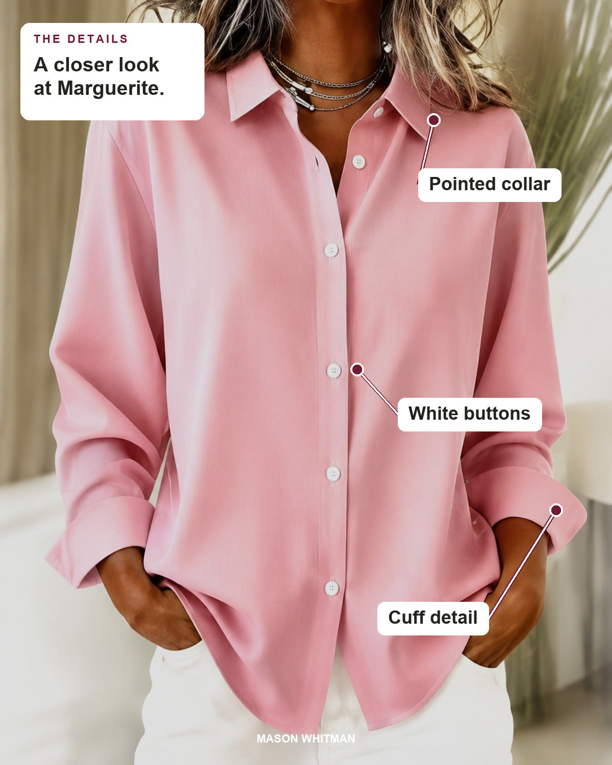 Marguerite blouse details: pointed collar, white buttons, cuff detail.