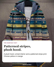Marigold cardigan editorial card: A plush hood, a lined interior and a patterned stripe print. Choose yellow or orange.