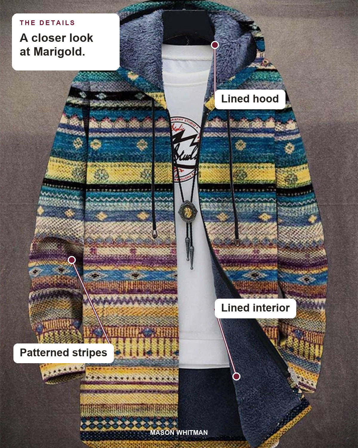 Marigold details: lined hood, lined interior and patterned stripes.