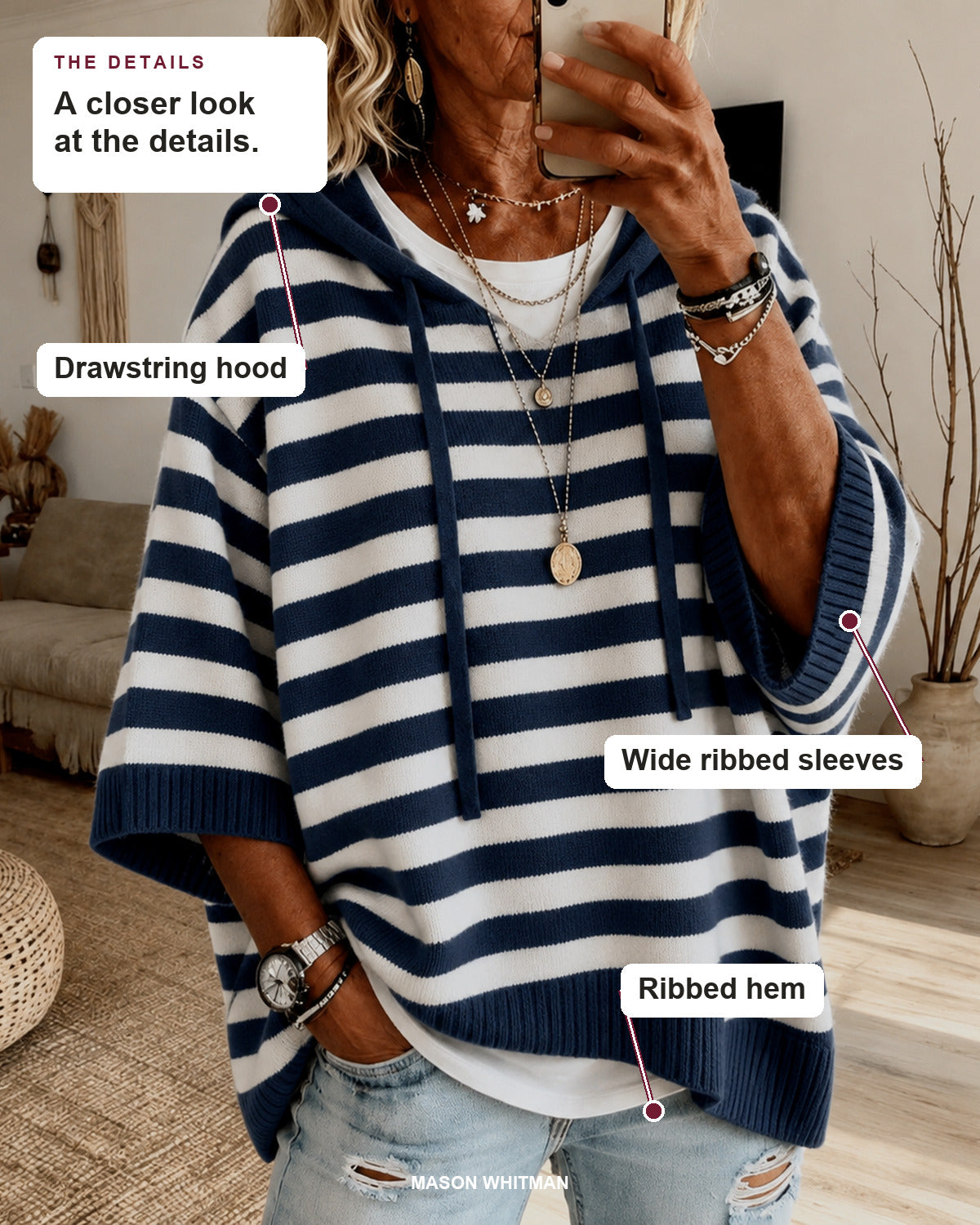 Marine sweater details: drawstring hood, wide ribbed sleeves, ribbed hem.