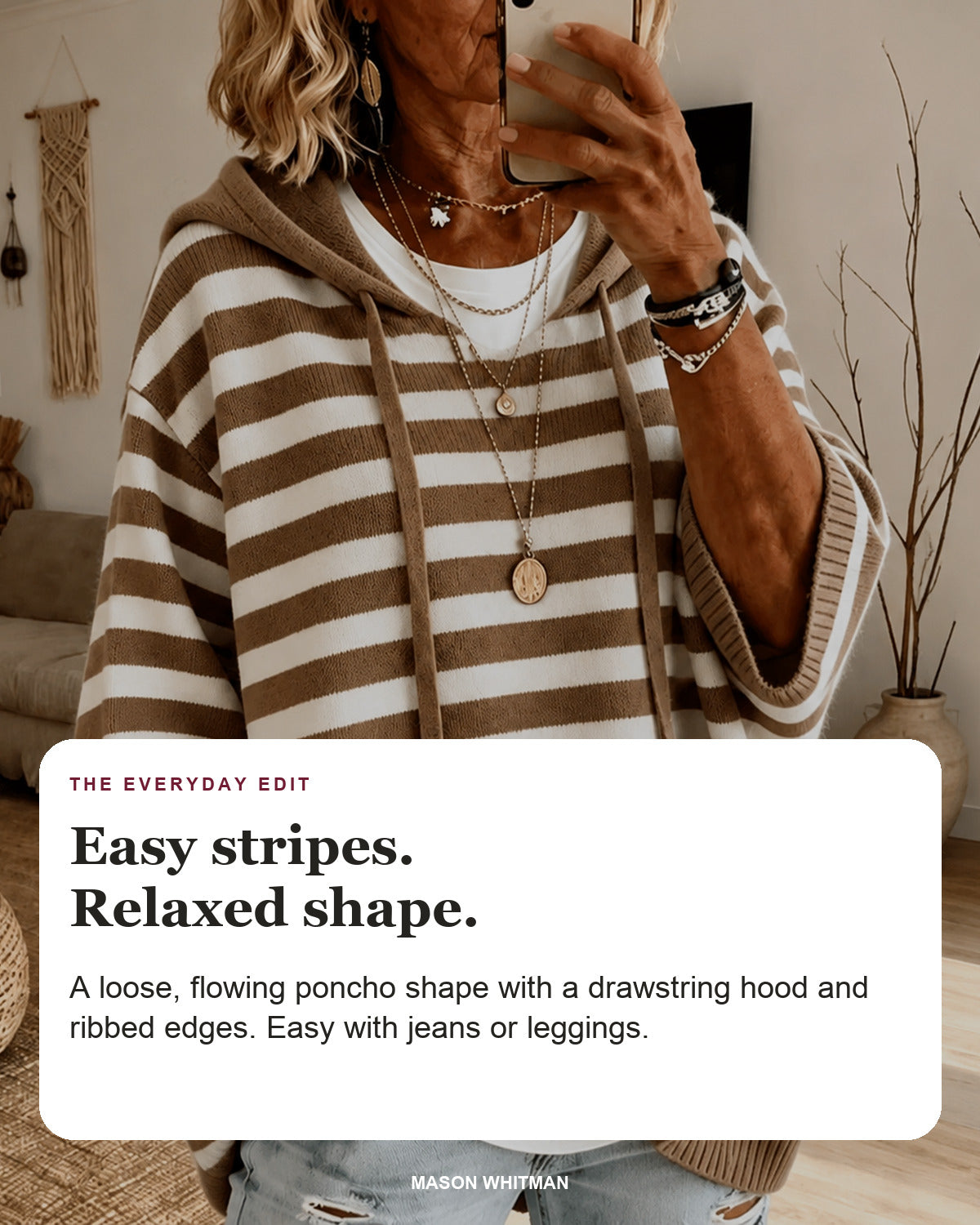 Mathilde sweater editorial card: drawstring hood, wide ribbed sleeves, ribbed hem.