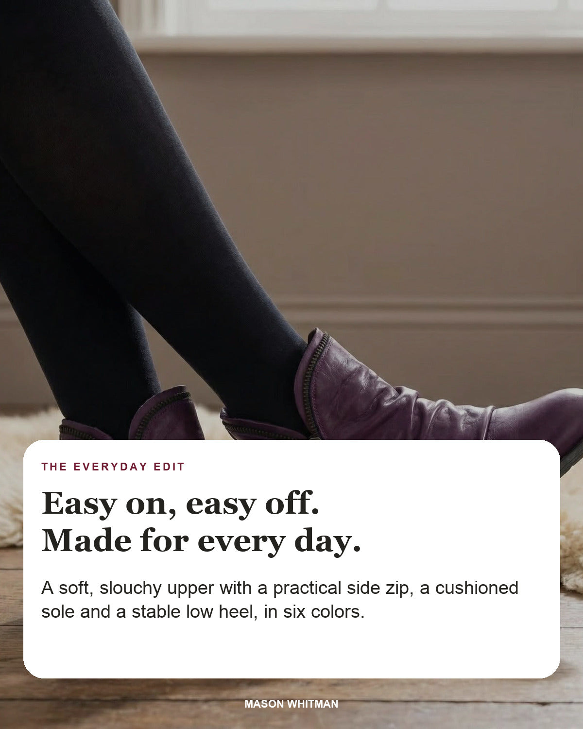 Melinda ankle boots in purple with editorial text about the slouchy upper, side zip, cushioned sole and low heel.