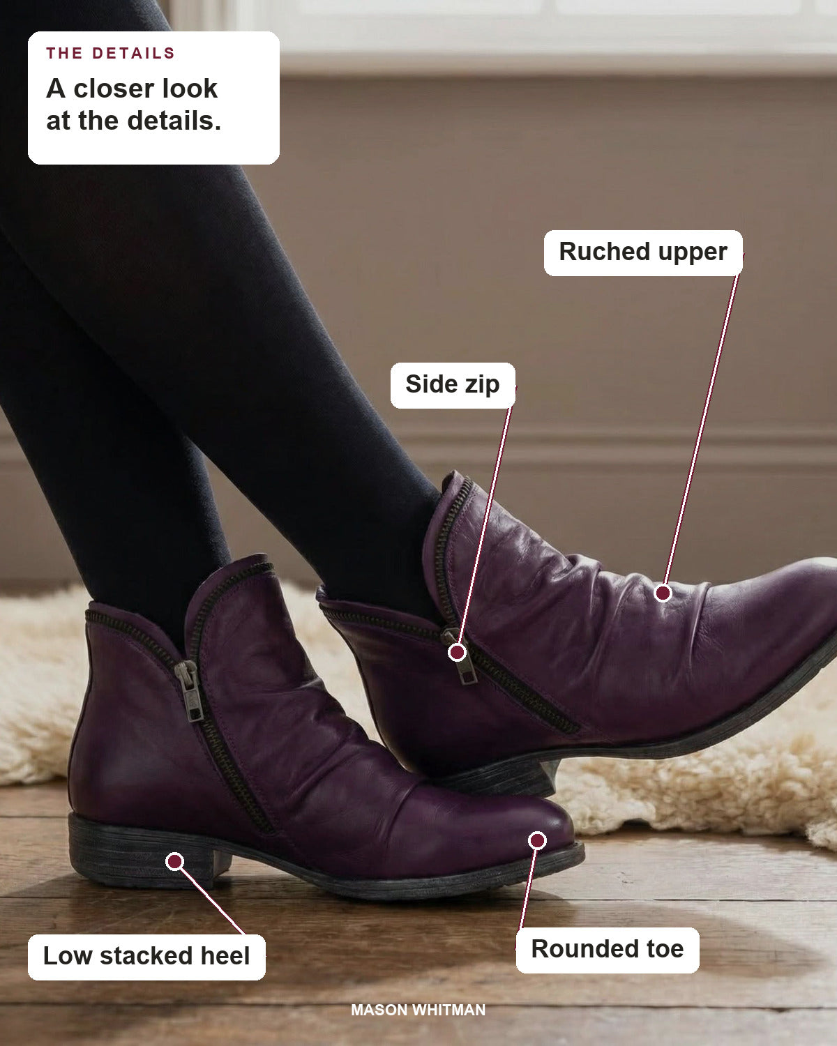 Melinda ankle boot showing its ruched upper, side zip, low stacked heel and rounded toe.