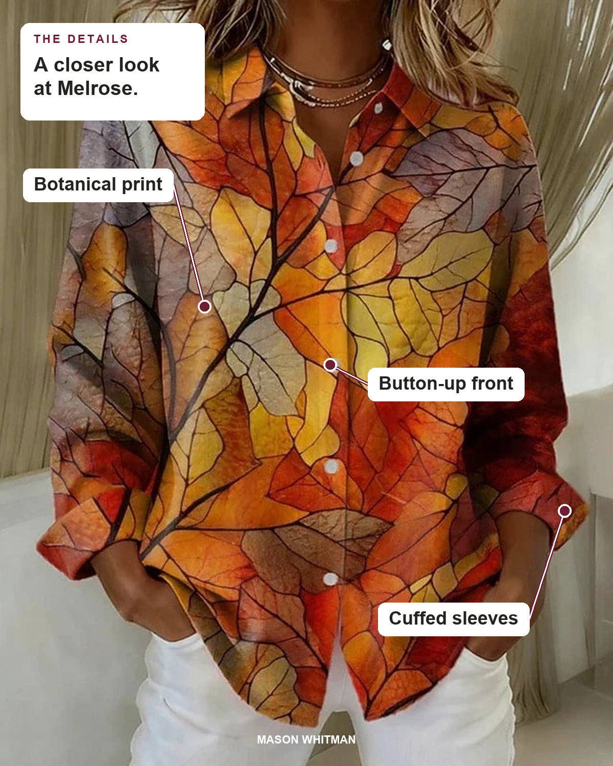 Melrose blouse details: botanical print, button-up front, cuffed sleeves.