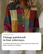 Merritt blouse editorial card: patchwork print, white buttons, rolled cuffs.