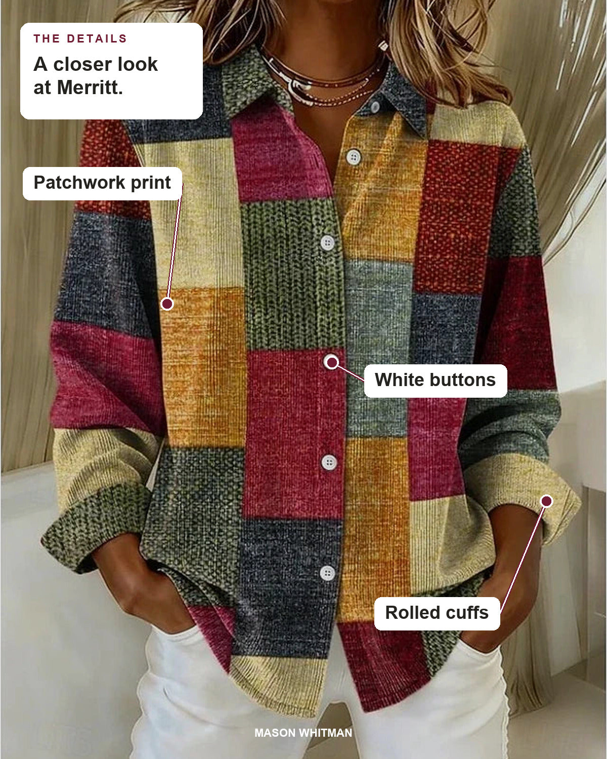 Merritt blouse details: patchwork print, white buttons, rolled cuffs.