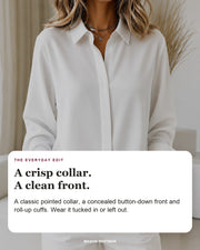 Mirande blouse editorial card: pointed collar, concealed placket, roll-up cuffs.