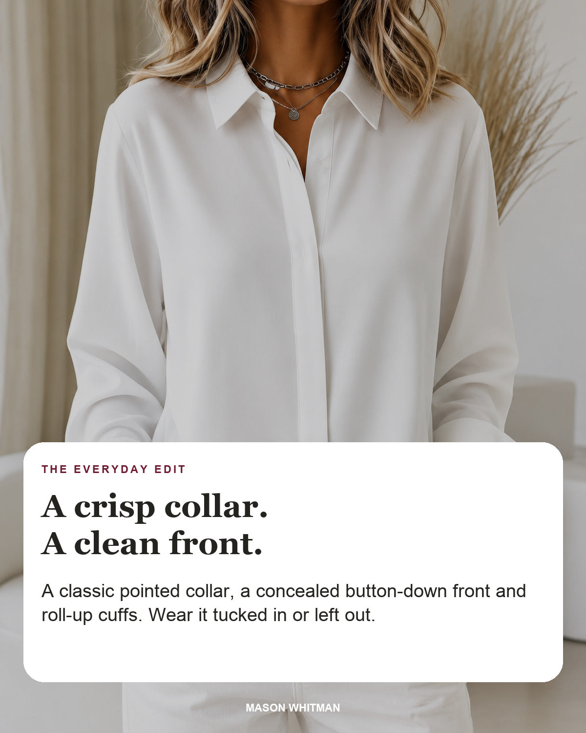 Mirande blouse editorial card: pointed collar, concealed placket, roll-up cuffs.