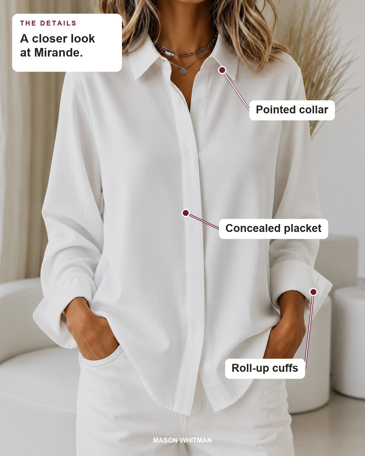 Mirande blouse details: pointed collar, concealed placket, roll-up cuffs.
