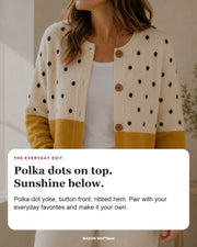 Monique editorial styling card: Polka-dot yoke, Button front, Ribbed hem.