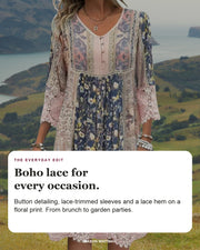 Naya boho dress with editorial text about its button detailing, lace-trimmed sleeves and lace hem.