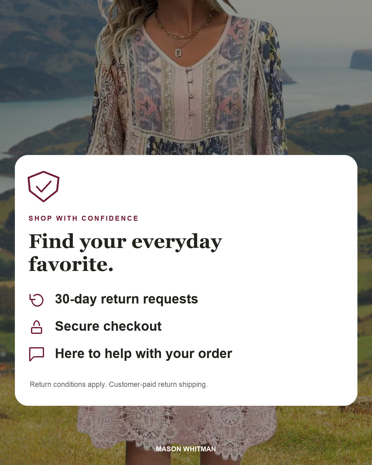 Mason Whitman shopping information: 30-day return requests, secure checkout and customer support. Return conditions and customer-paid return shipping apply.