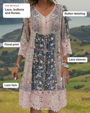 Naya dress showing its button detailing, floral print, lace sleeves and lace hem.