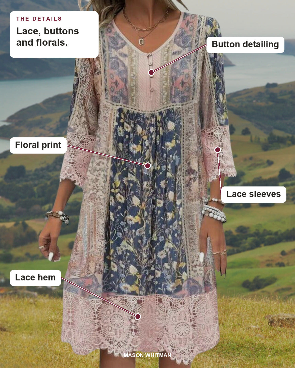 Naya dress showing its button detailing, floral print, lace sleeves and lace hem.