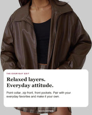 Nicola editorial styling card: Point collar, Zip front, Front pockets.