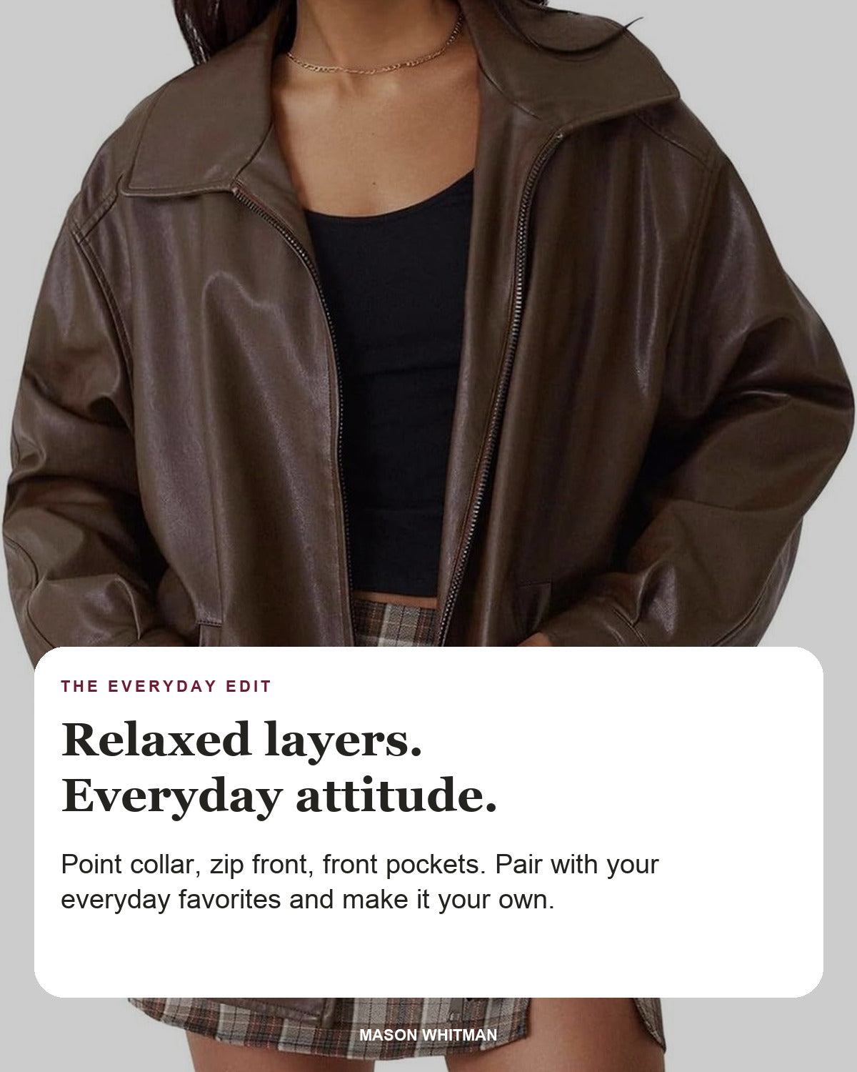 Nicola editorial styling card: Point collar, Zip front, Front pockets.