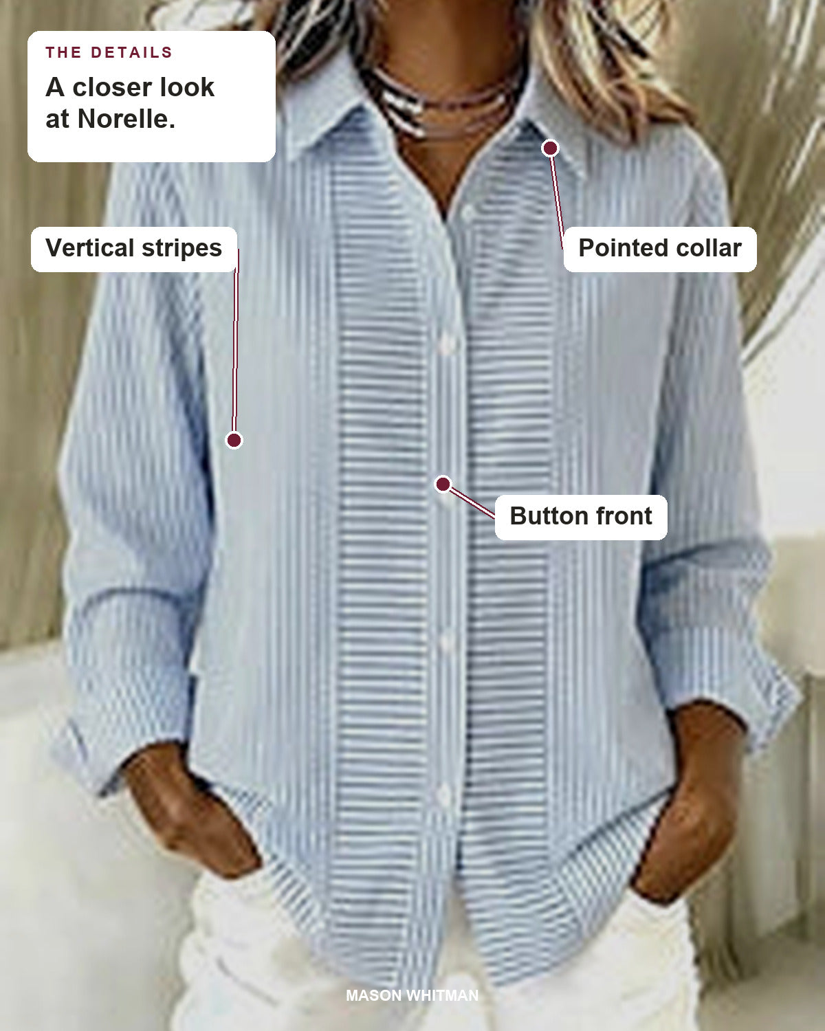 Norelle blouse details: pointed collar, button front, vertical stripes.