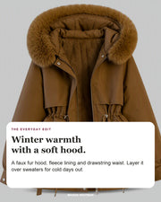 Women's Winter Faux Fur Padded Parka styling card: A faux fur hood, fleece lining and drawstring waist. Layer it over sweaters for cold days out.
