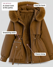 Women's Winter Faux Fur Padded Parka details: Faux fur hood, Drawstring waist, Fleece lining.