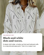 Padrielle blouse editorial card: dot-and-wave print, button-up front, buttoned cuffs.