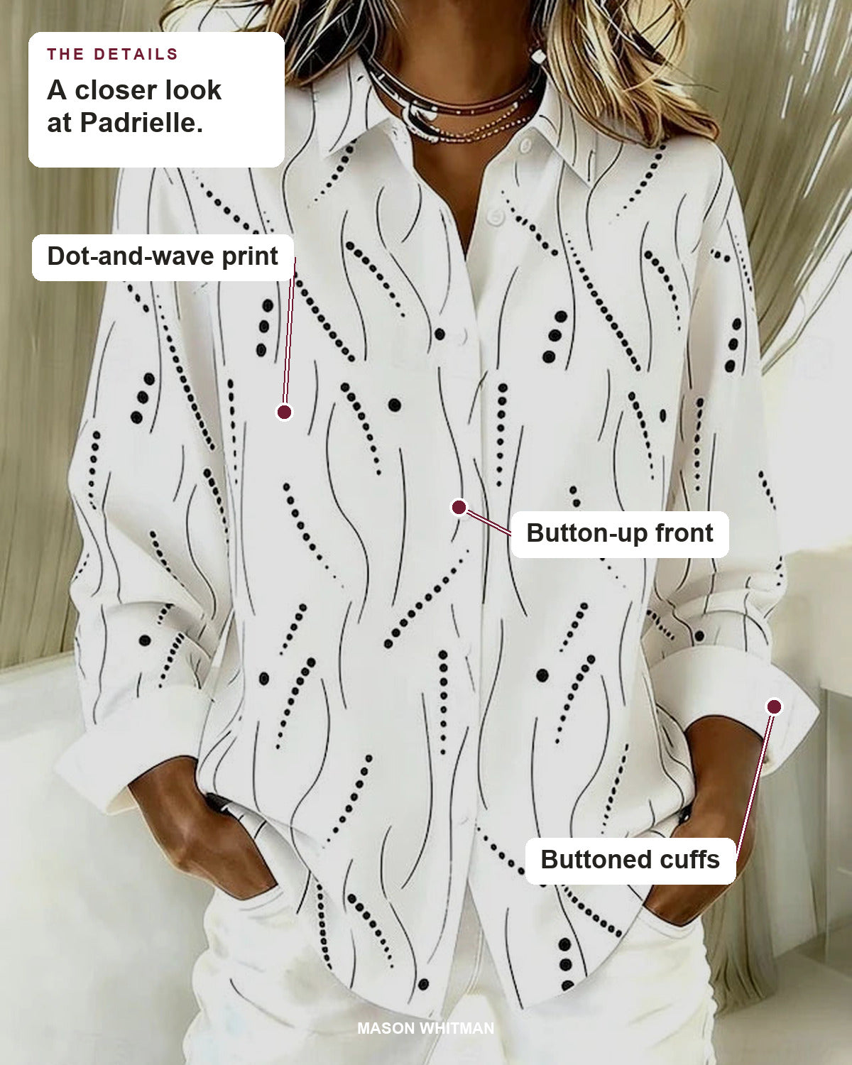 Padrielle blouse details: dot-and-wave print, button-up front, buttoned cuffs.