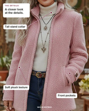 Patricia coat details: tall stand collar, soft plush texture, front pockets.