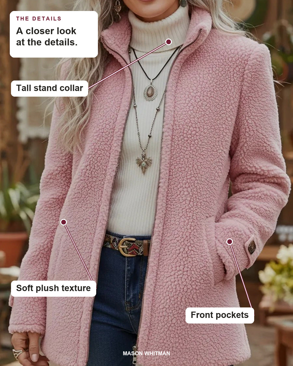 Patricia coat details: tall stand collar, soft plush texture, front pockets.