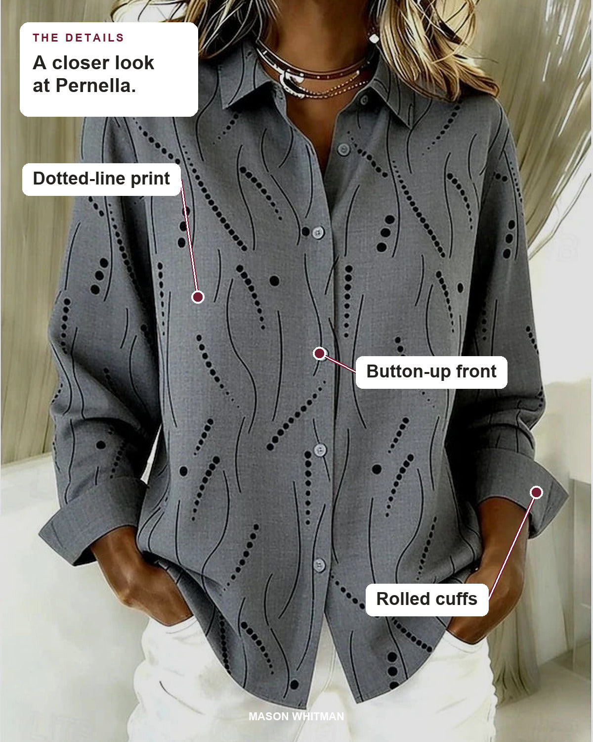 Pernella blouse details: dotted-line print, button-up front, rolled cuffs.