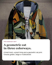 Preston jacket editorial card: A lined hood, a plush lining and a geometric cat print. Choose golden, beige or multicolored.