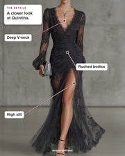 Quintina details: Deep V-neck, Ruched bodice, High slit.