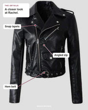Rachel details: Snap lapels, Angled zip, Hem belt.