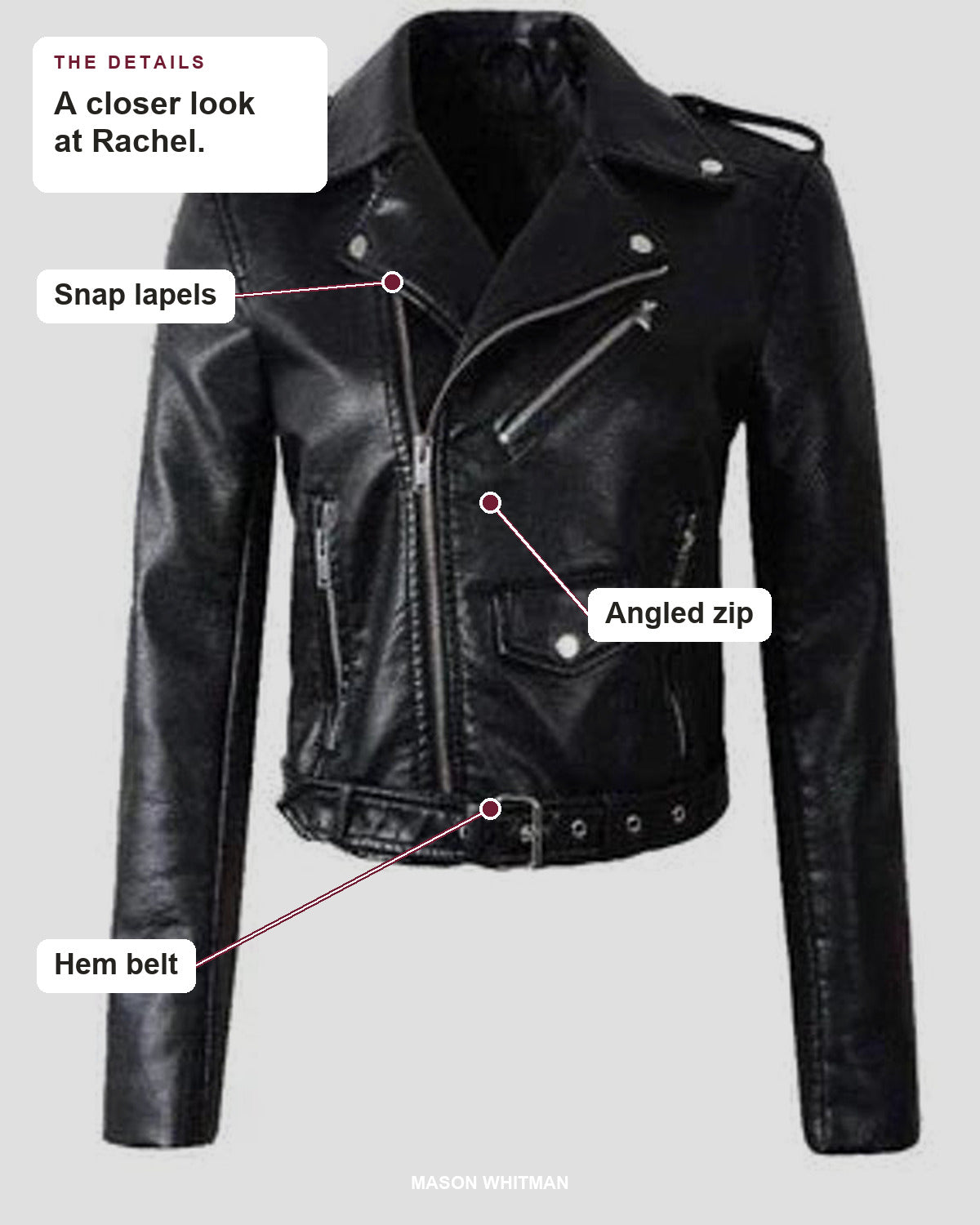Rachel details: Snap lapels, Angled zip, Hem belt.