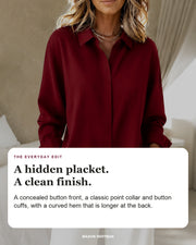 Raewyn blouse editorial card: point collar, concealed placket, button cuffs.